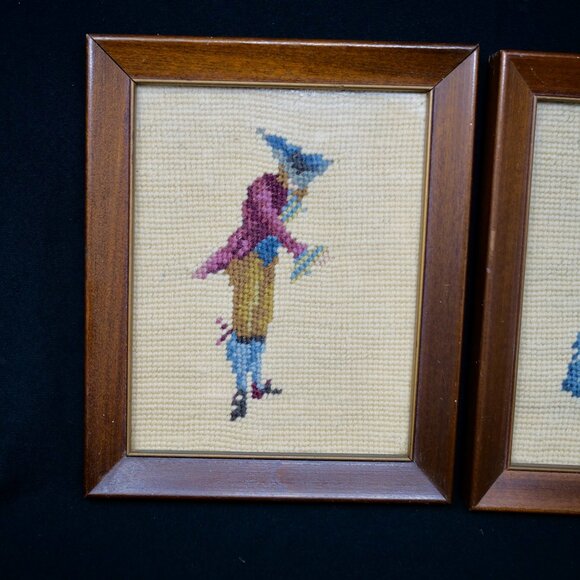2 Vintage Framed Petite Needlepoint Man Woman Colonial Courting Pair 6.5" x 8" - Picture 4 of 8